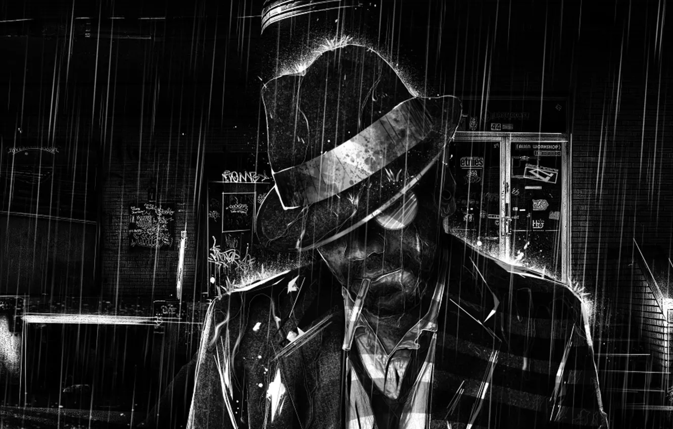 Фото обои дождь, рисунок, черно-белая, сигарета