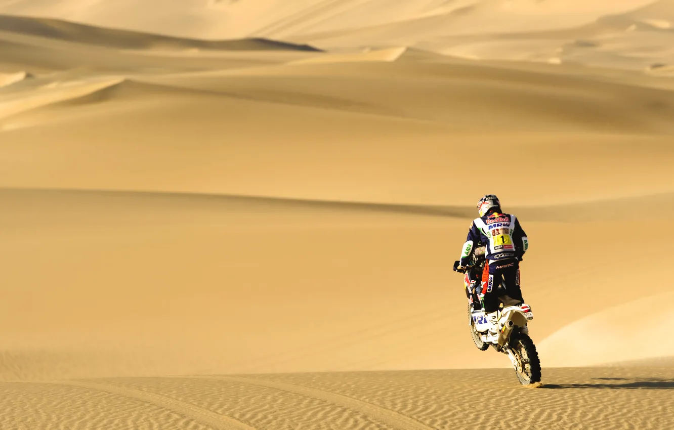 Фото обои Песок, Спорт, Пустыня, День, Мотоцикл, Гонщик, Мото, Жара