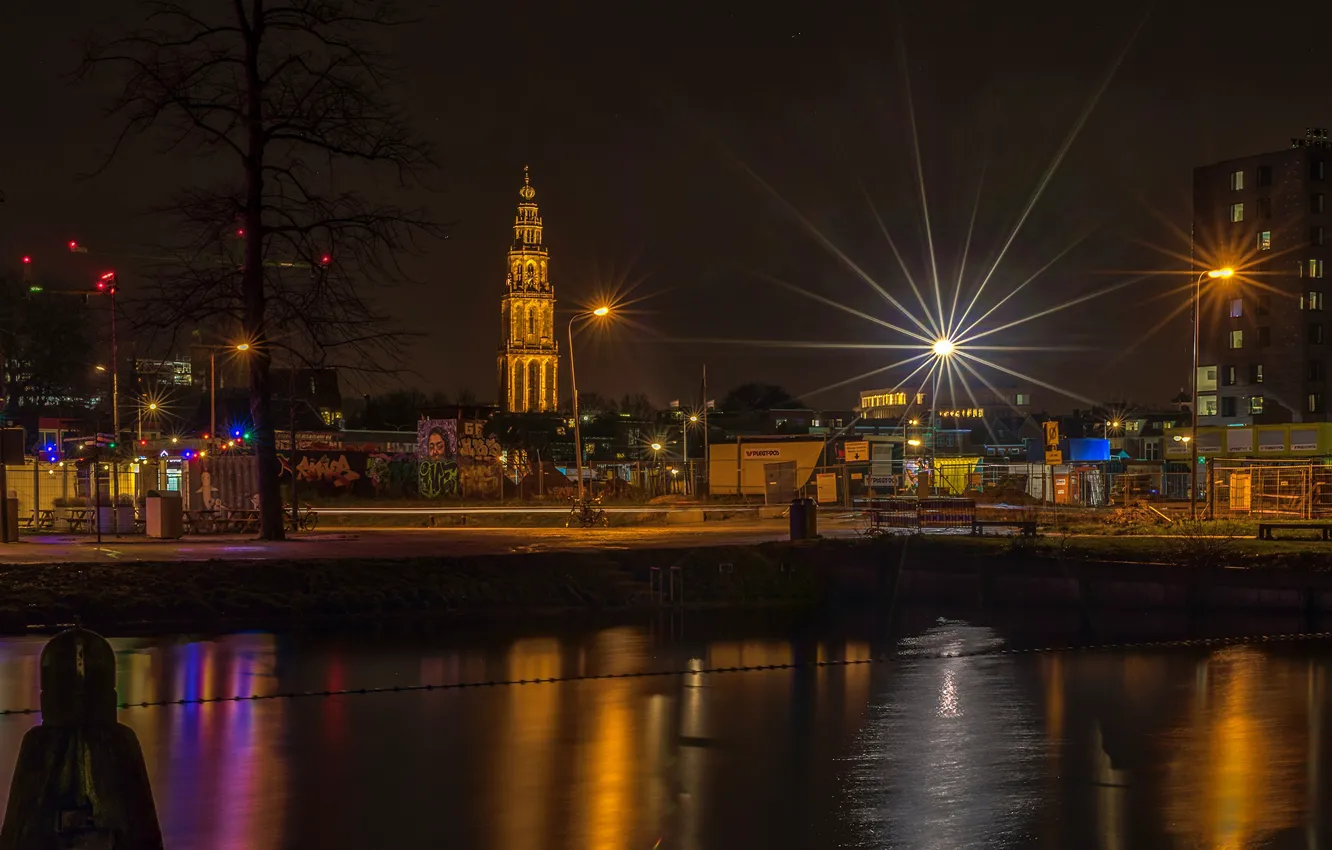 Фото обои ночь, огни, дома, фонари, канал, Нидерланды, Groningen