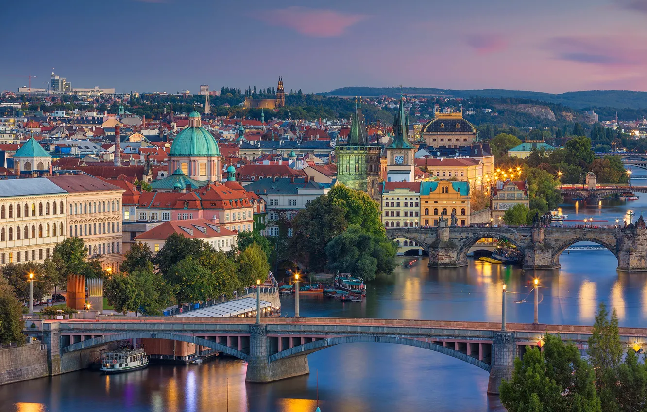 Фото обои мост, река, Прага, Чехия, панорама, Влтава