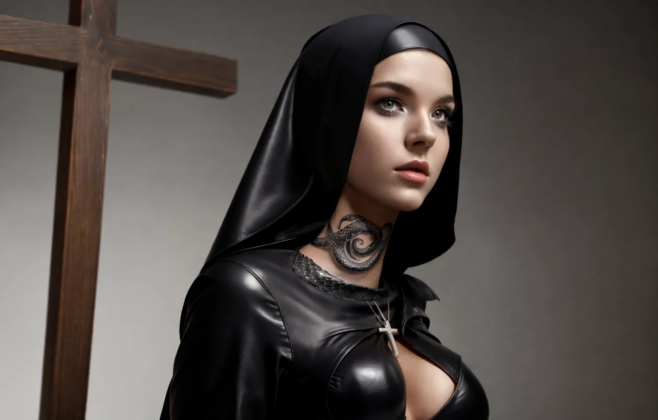 Фото обои snake, cross, leather, sideboob, serpent, nuns, looking away, religious