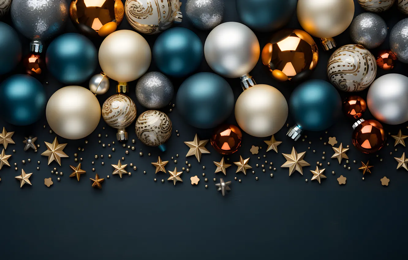 Фото обои украшения, темный фон, шары, Новый Год, Рождество, dark, golden, new year