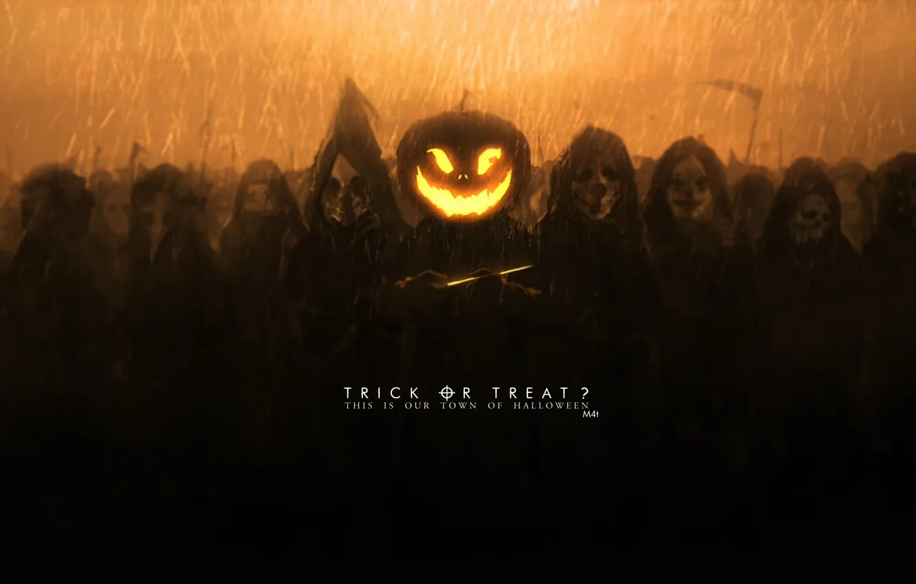 Фото обои праздник, арт, тыква, маски, halloween, mivit