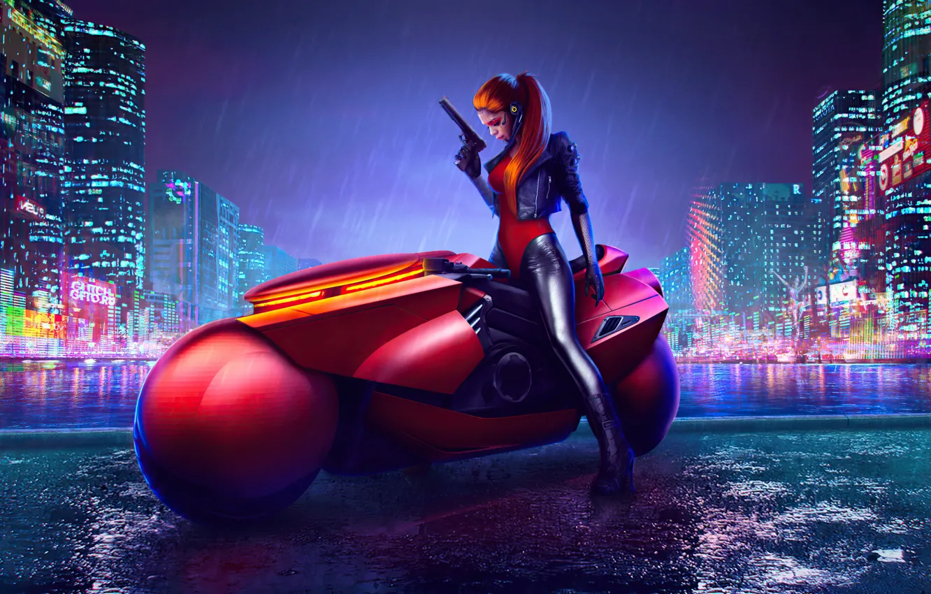 Фото обои girl, cyberpunk, digital art, cyberpunk bike