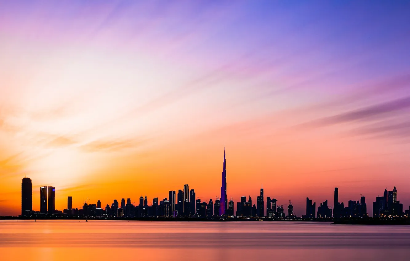 Фото обои закат, небоскребы, Дубаи, Бурдж-Халифа, вид на город