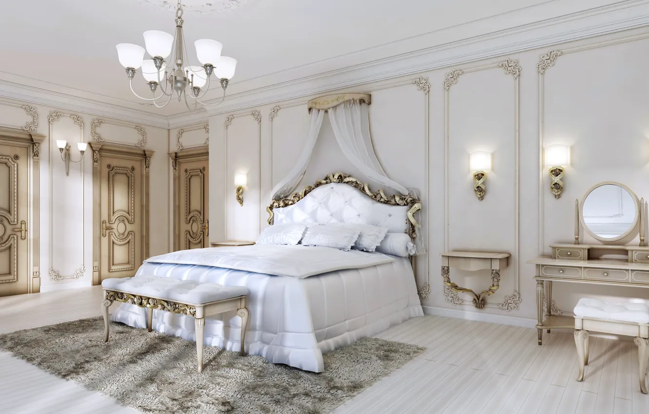 Фото обои simple, кровать, интерьер, люстра, bedroom, Luxury, сальня