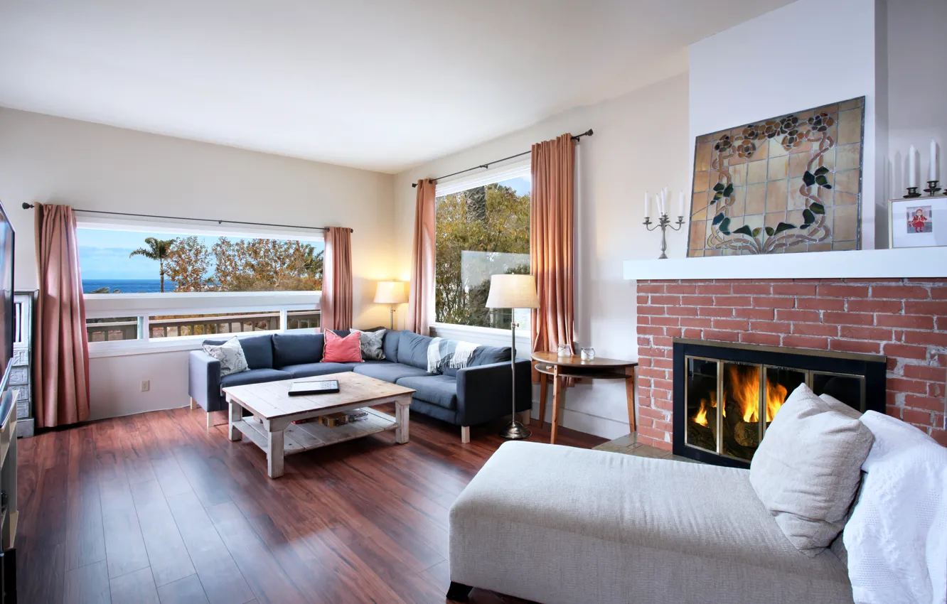 Фото обои диван, интерьер, окно, камин, особняк, Design, гостиная, Interior