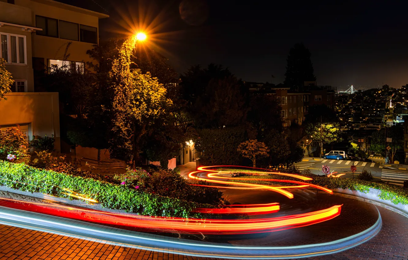 Фото обои Калифорния, Сан-Франциско, USA, США, San Francisco, Lombard Street, Long exposure, Ломбард-стрит