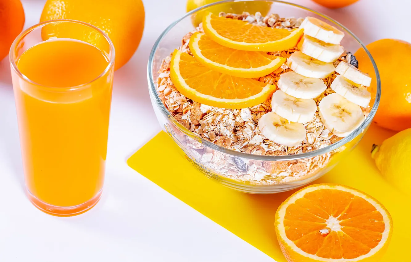 Фото обои стакан, апельсин, завтрак, сок, мюсли