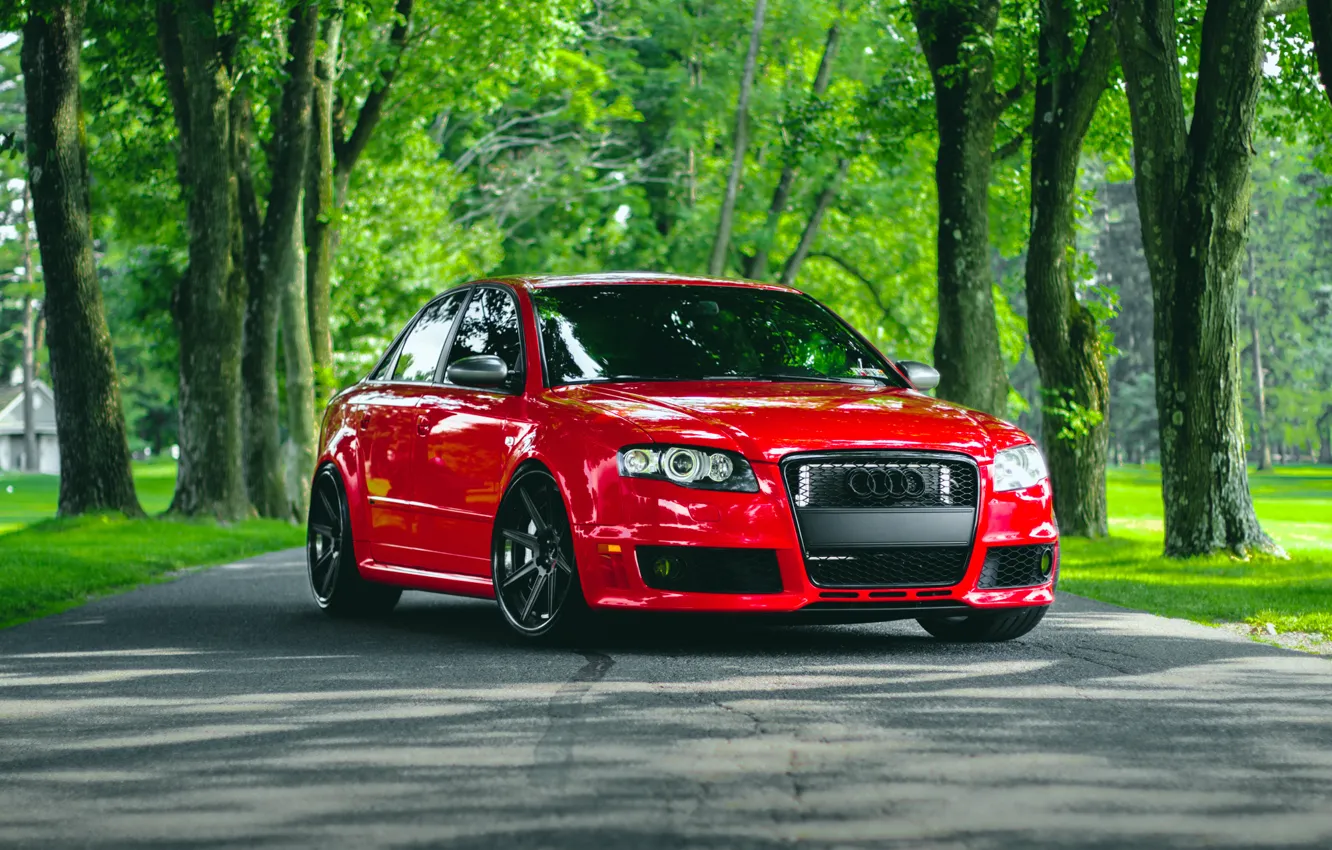 Фото обои Audi, red, front, stance, RS4