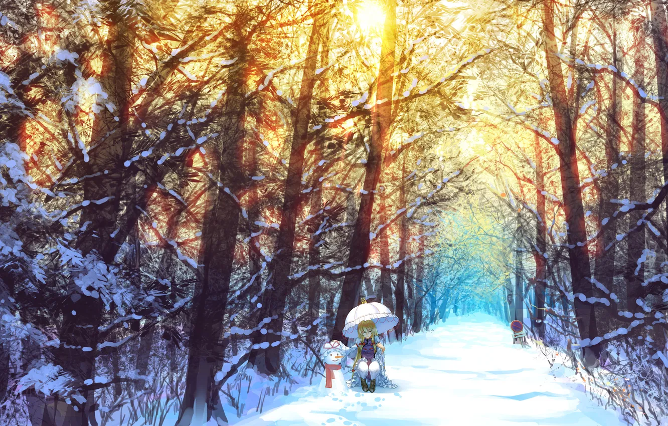 Фото обои зима, лес, снег, деревья, природа, улыбка, знак, зонт