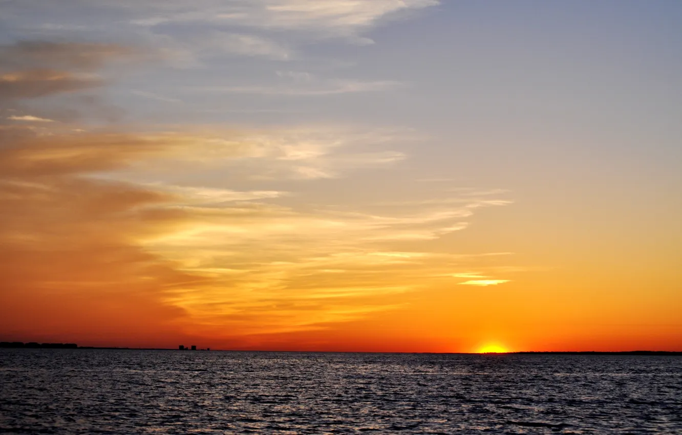 Фото обои волны, солнце, закат, берег, Флорида, горизонт, Мексиканский залив, Наварра-Бич