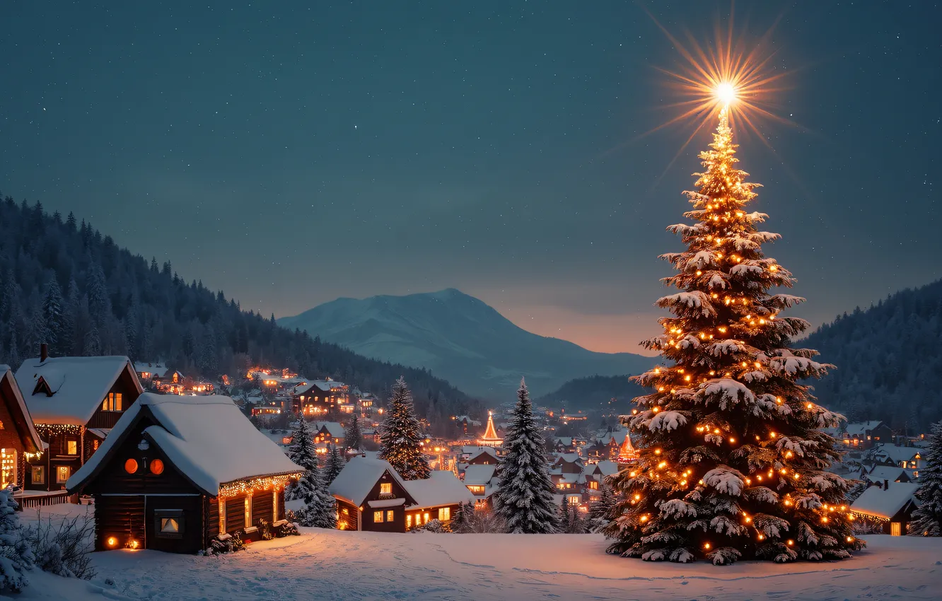Фото обои лес, небо, свет, горы, ночь, огни, уют, сияние