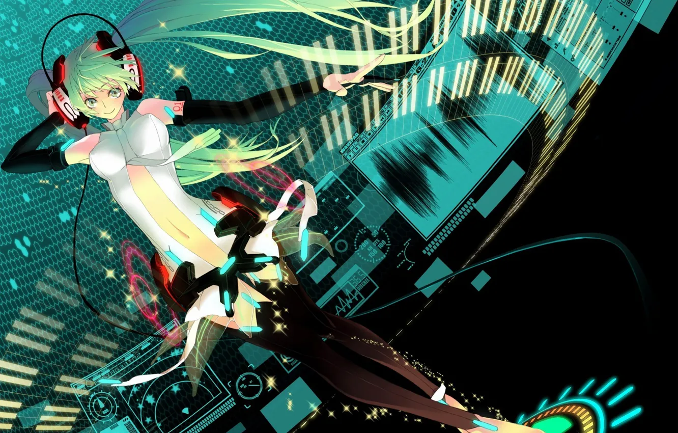Фото обои девушка, аниме, наушники, арт, vocaloid, hatsune miku, вокалоид, miku append