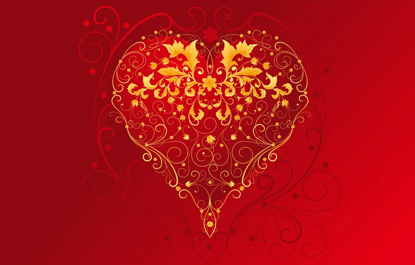 Фото обои красный, сердце, золотой, день святого валентина, 14 февраля, праздник всех влюблённых, St. Valentine, золотое сердце