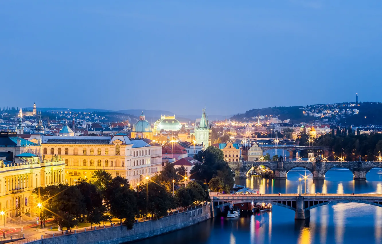 Фото обои lights, twilight, night, bridges, dusk, reflection, Prague, blue hour