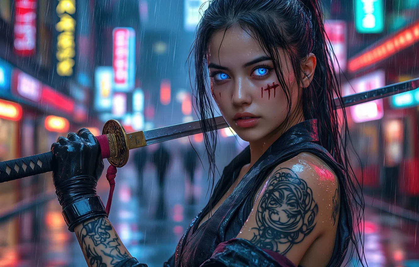 Фото обои katana, samurai, cyberpunk