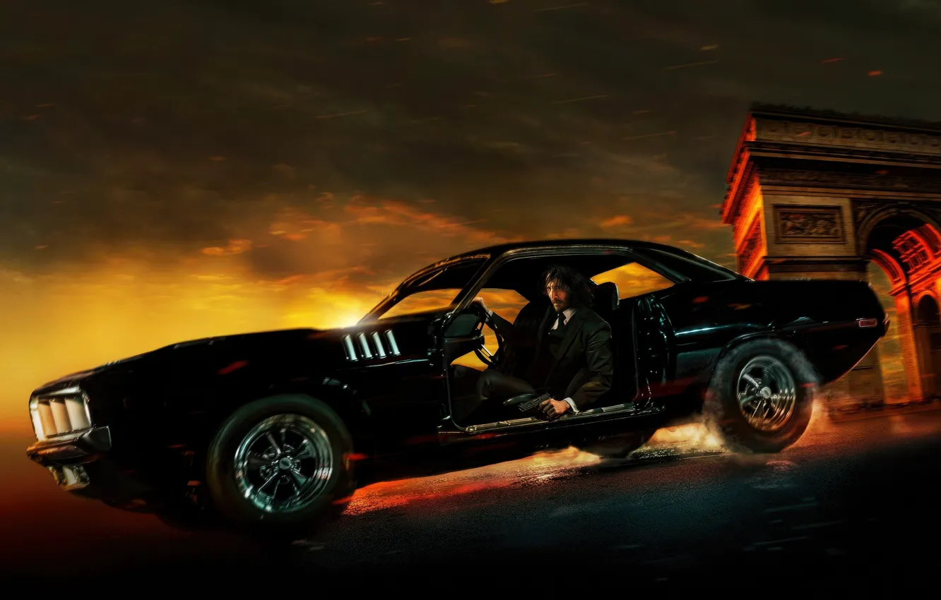 Фото обои авто, постер, Киану Ривз, Keanu Reeves, Plymouth Cuda, John Wick: Chapter 4, Джон Уик 4