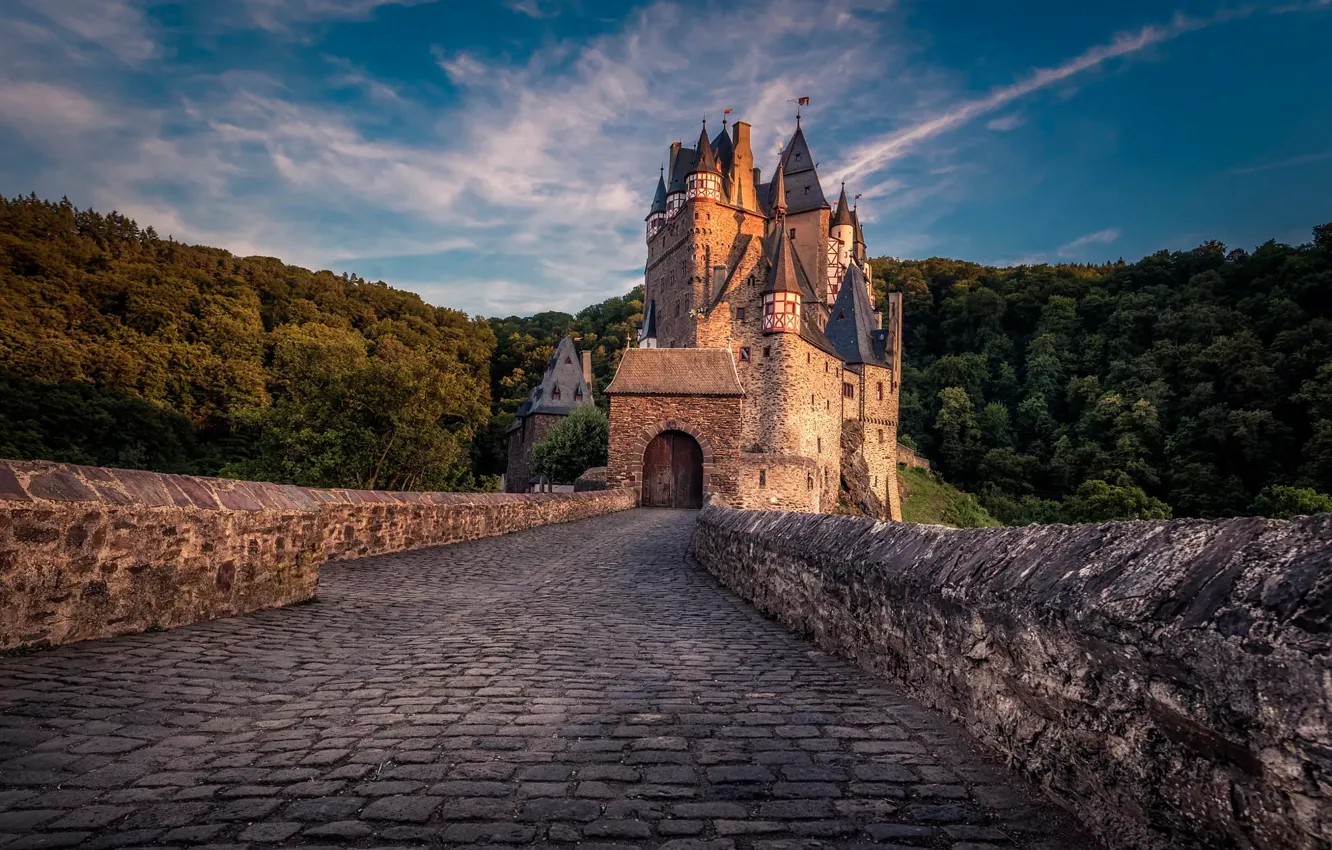 Фото обои лес, закат, замок, Германия, Burg Eltz