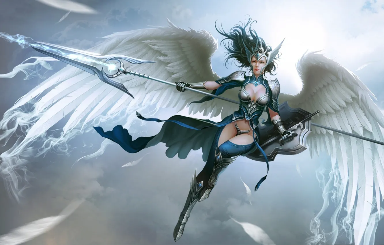 Фото обои Girl, Fantasy, Sky, Art, Style, Warrior, Shield, Wings
