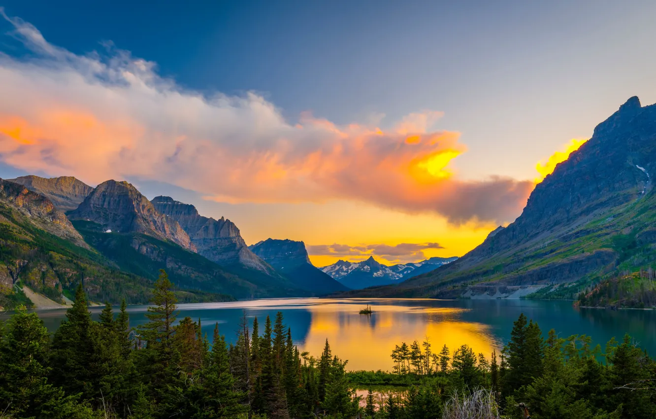 Фото обои облака, пейзаж, горы, природа, озеро, Национальный парк, Глейшер, Glacier