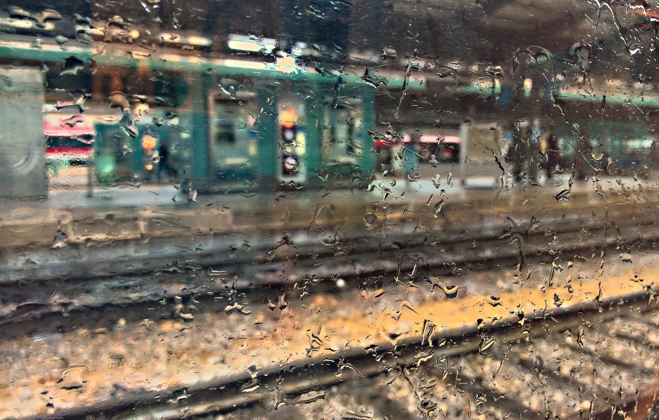 Фото обои мокро, стекло, капли, макро, вокзал