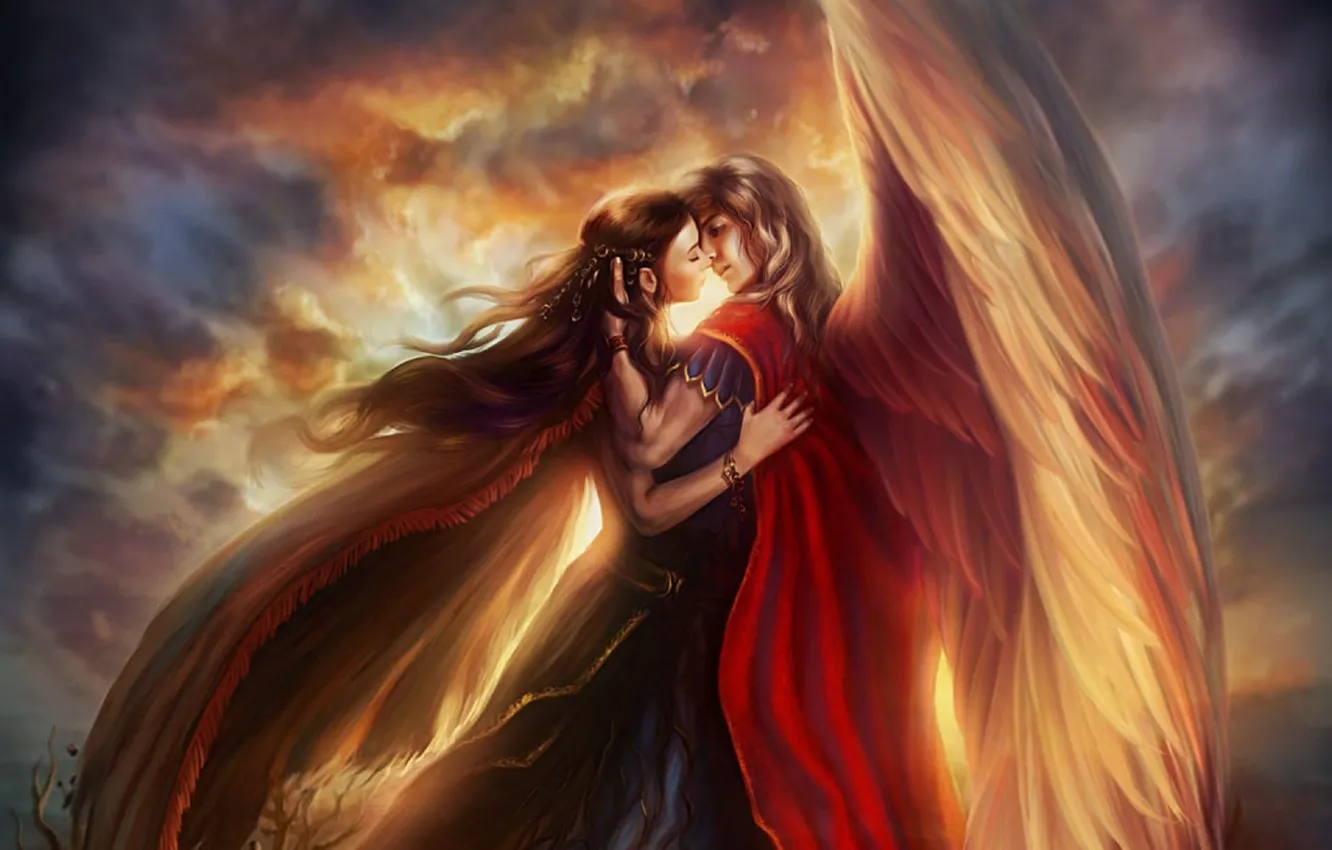 Фото обои девушка, любовь, небеса, крылья, платье, Парень