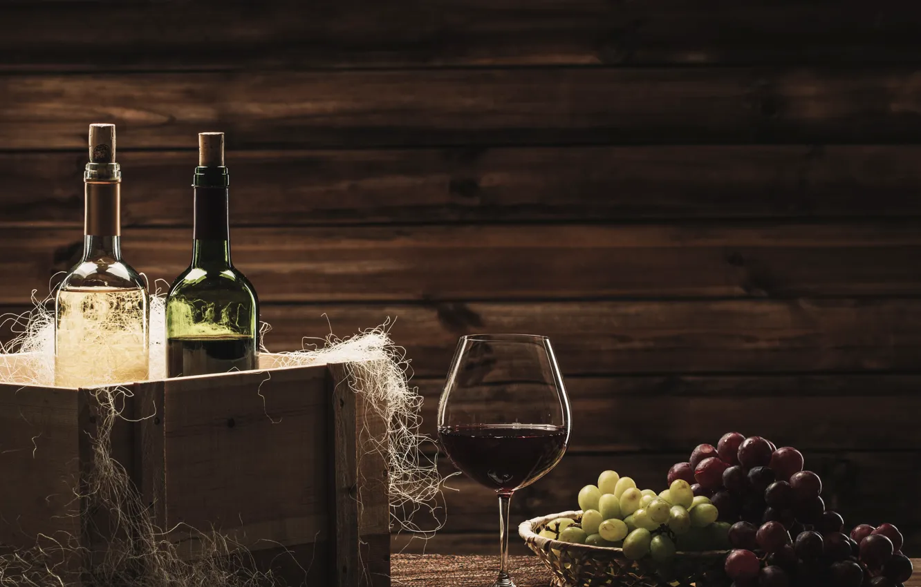 Фото обои вино, бокал, виноград, пробки, бутылки, ящик