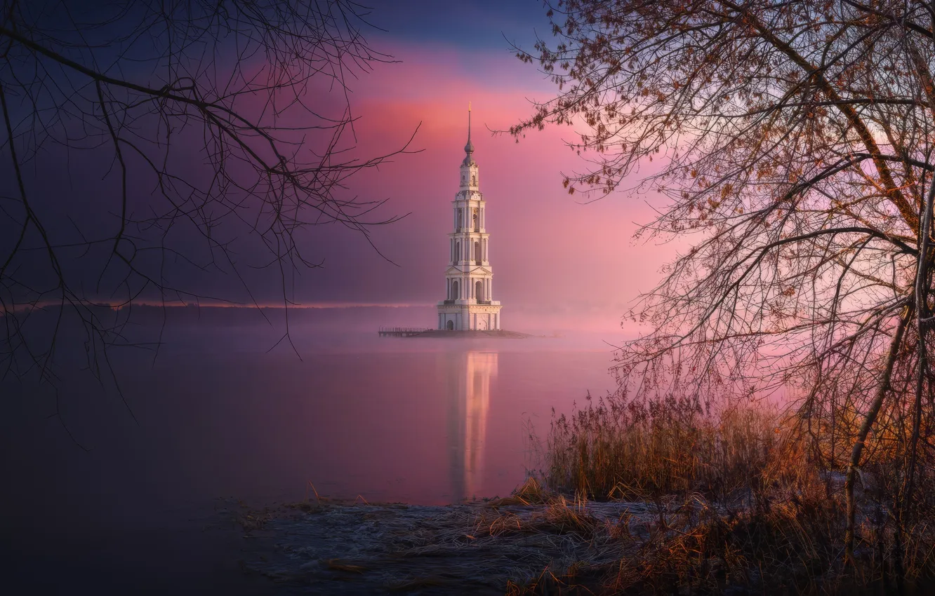 Фото обои закат, остров, вечер, колокольня, Калязин, Калязинская колокольня, Угличское водохранилище