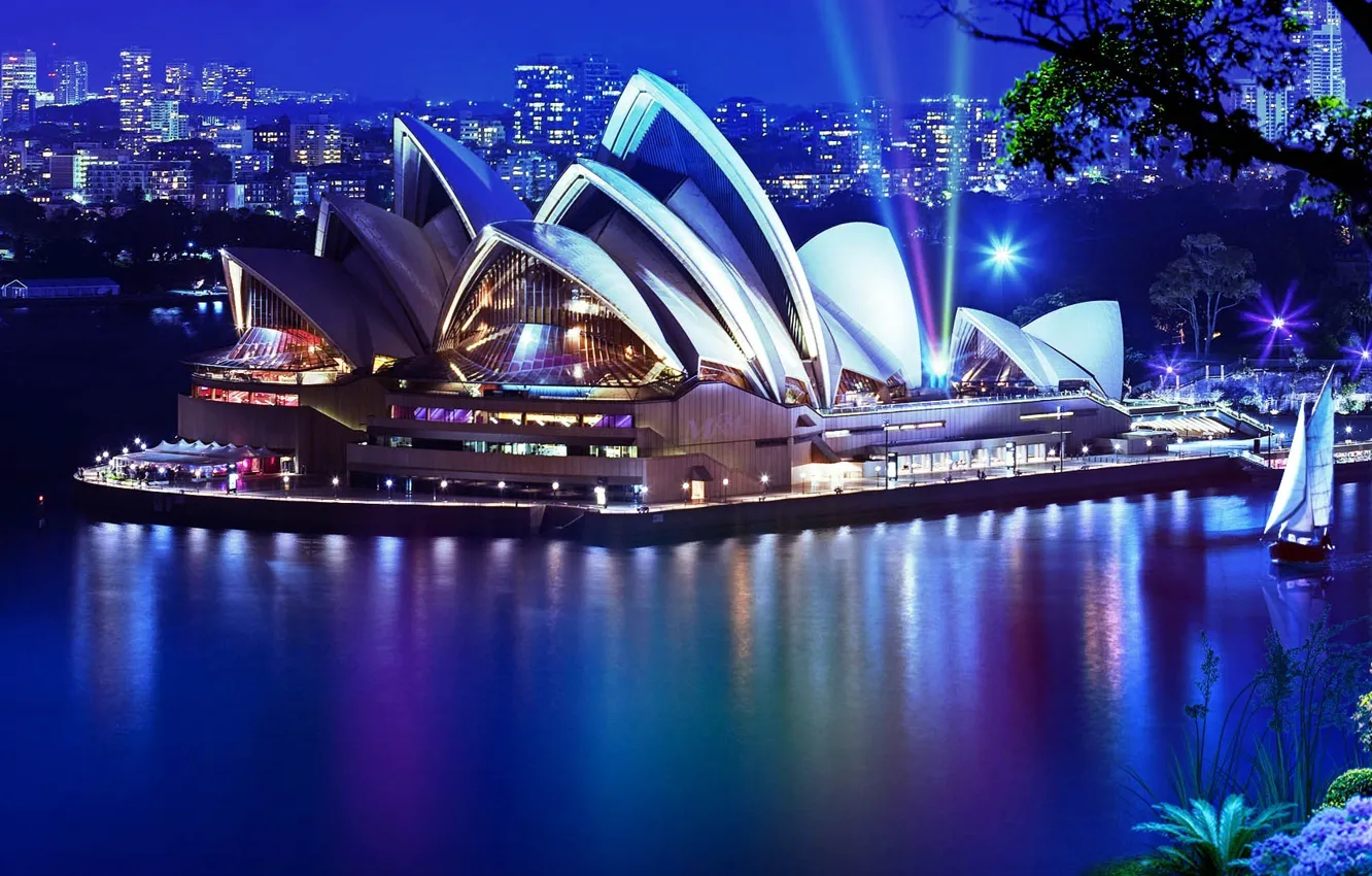Фото обои вода, ночь, город, дерево, растения, яхта, театр, Сидней