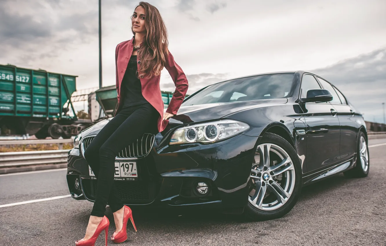 Фото обои BMW, Girl, Car, Legs, Model, Woman, View, Road