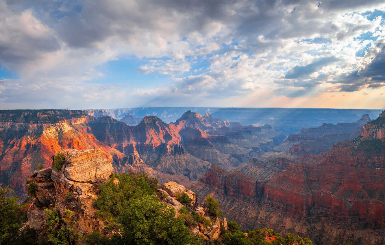 Фото обои небо, облака, лучи, природа, скалы, высота, Гранд-Каньон, Arizona