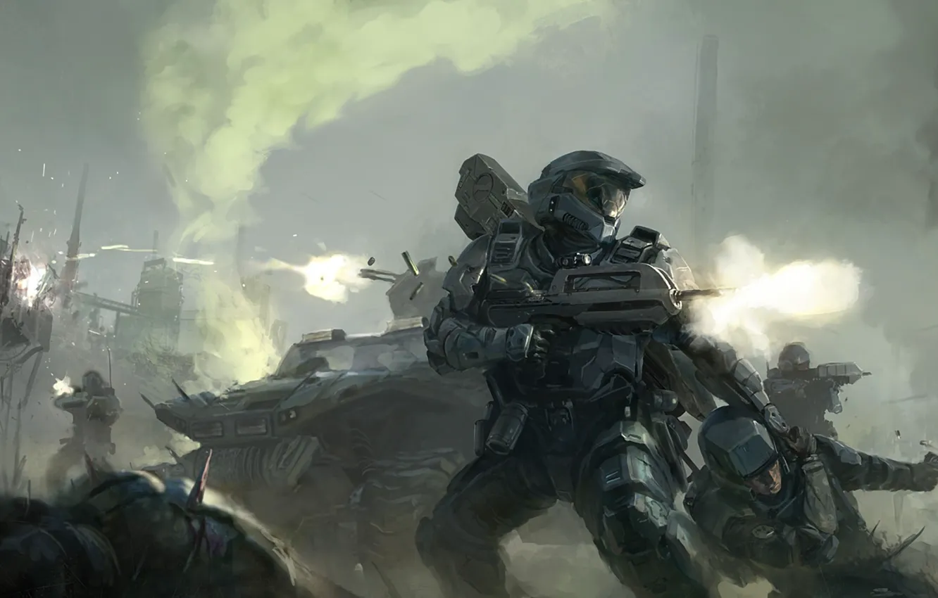 Фото обои оружие, дым, техника, солдаты, Halo, броня, выстрелы, отступление