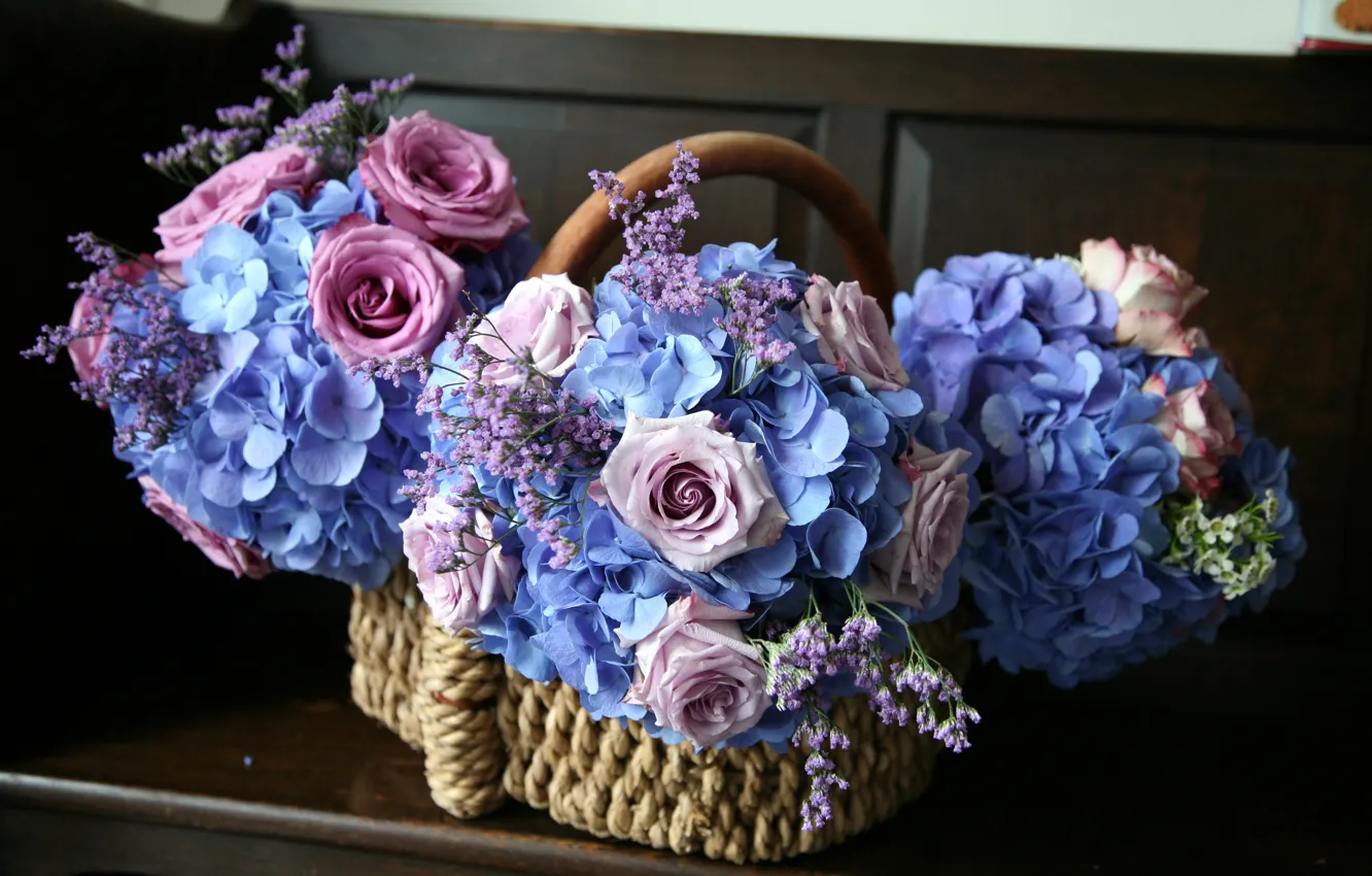 Фото обои цветы, корзина, розы, гортензия
