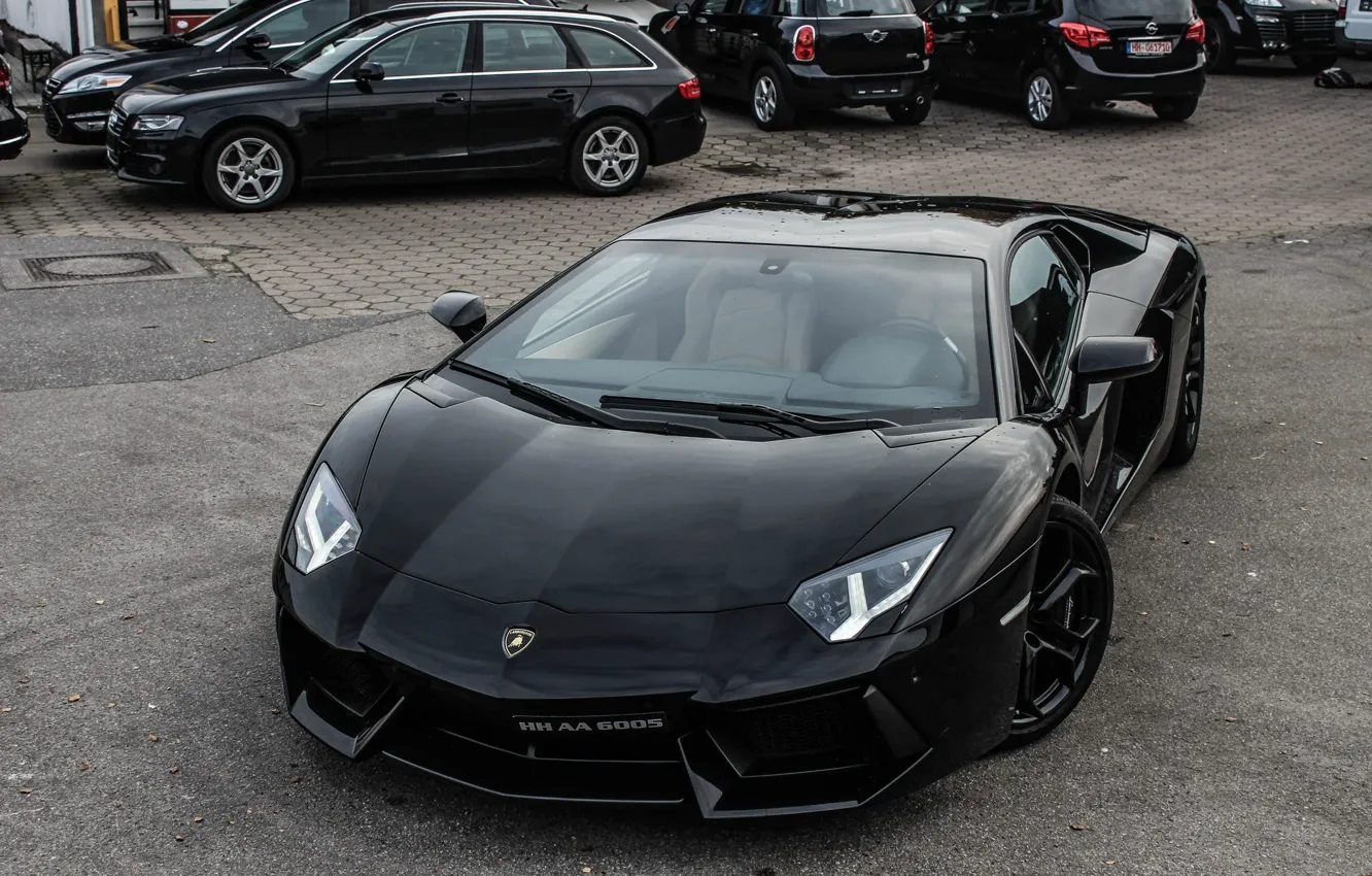 Фото обои отражение, чёрный, lamborghini, black, вид спереди, автомобили, aventador, lp700-4