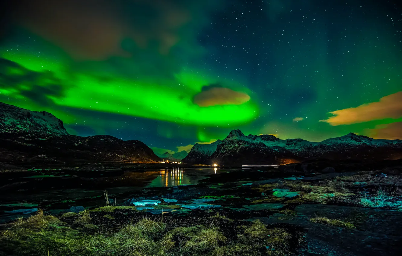 Фото обои зима, ночь, северное сияние, Норвегия, Лофотенские острова