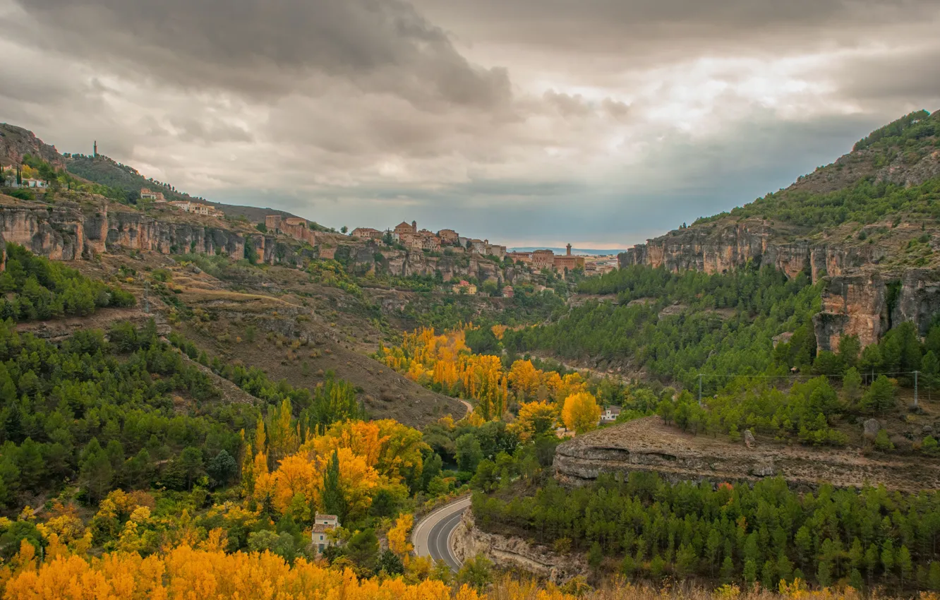 Фото обои Дорога, Город, Осень, Панорама, Fall, Испания, Autumn, Spain