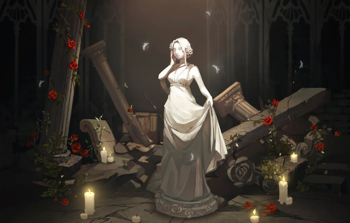 Фото обои девушка, свет, тьма, розы, тень, статуя