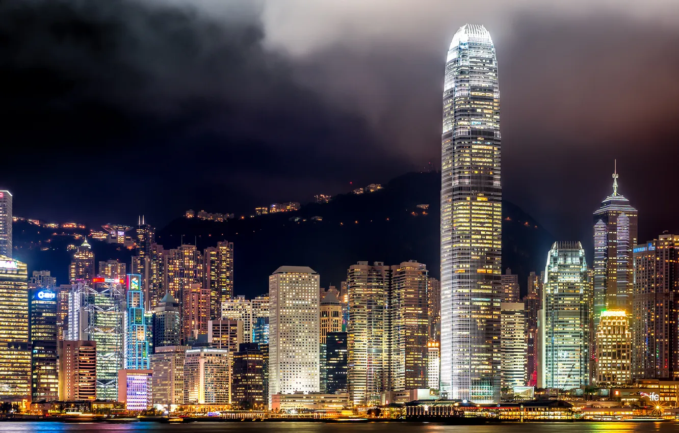 Фото обои город, ночные огни, Гонконг, Азия, небоскрёбы, мегаполис, Hong Kong, Asia