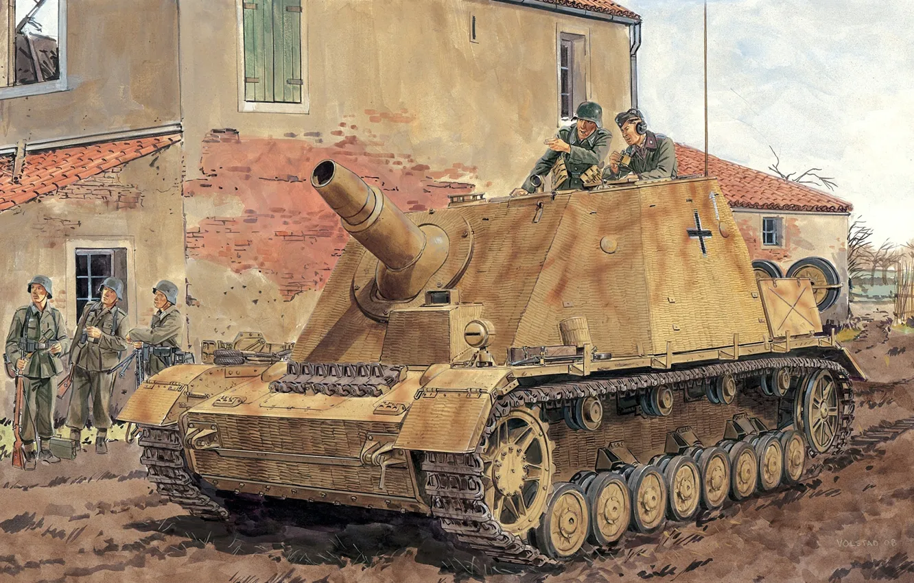Фото обои дорога, оружие, рисунок, солдаты, установка, самоходно-артиллерийская, немецкая, Вторая мировая войныа