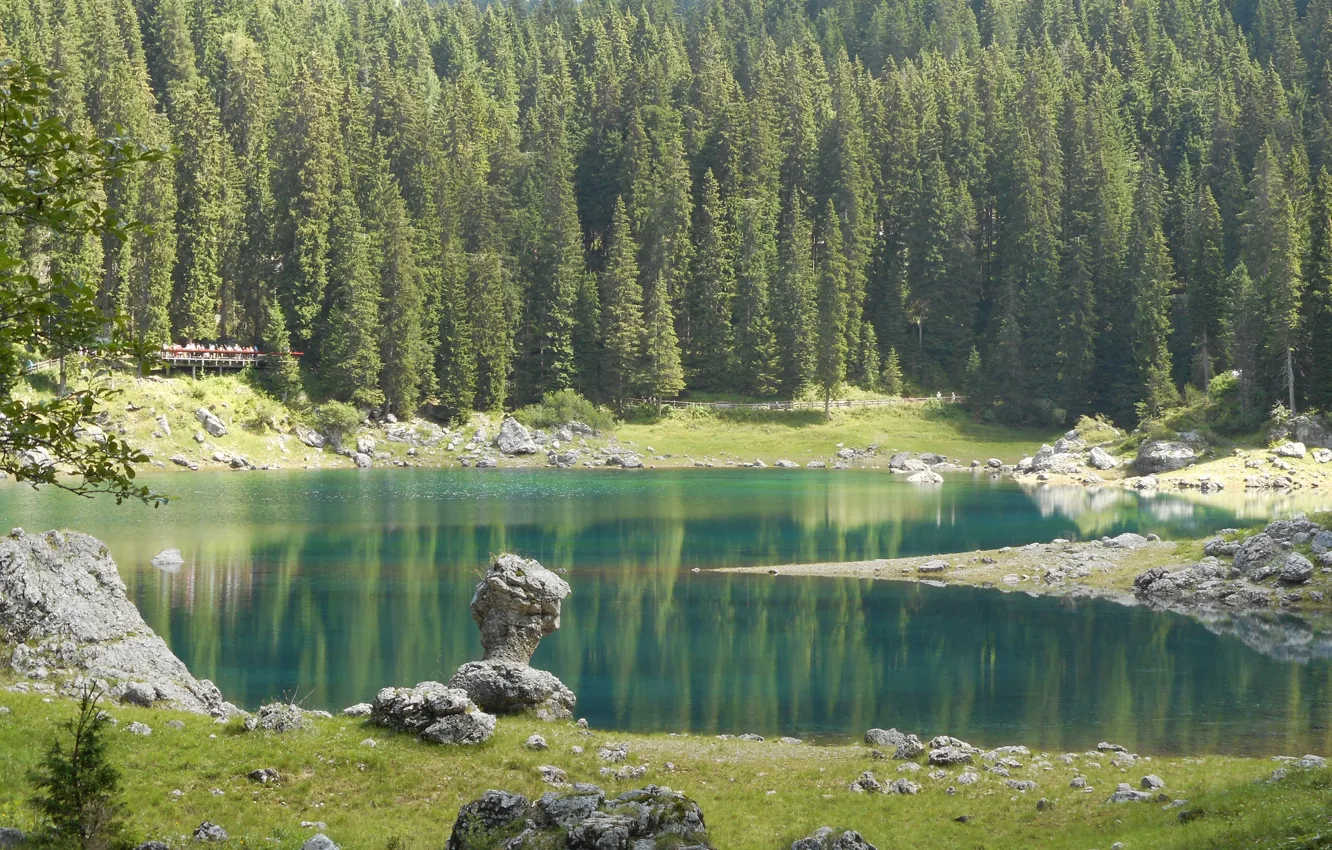 Фото обои Природа, Озеро, Лес, Камни, Ель, Италия, Lake Carezza
