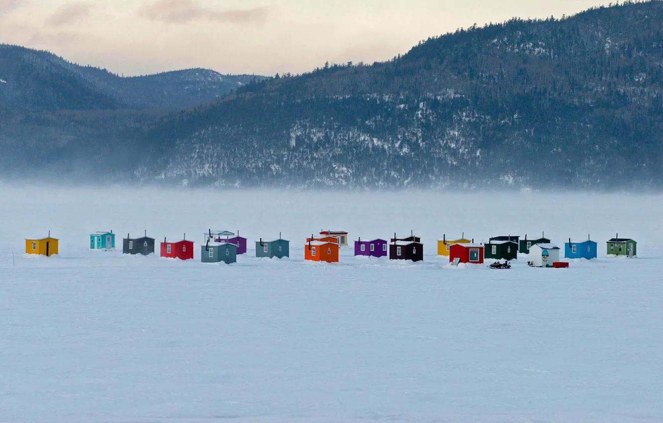 Фото обои горы, Канада, домик, Квебек, Рыбацкая деревня