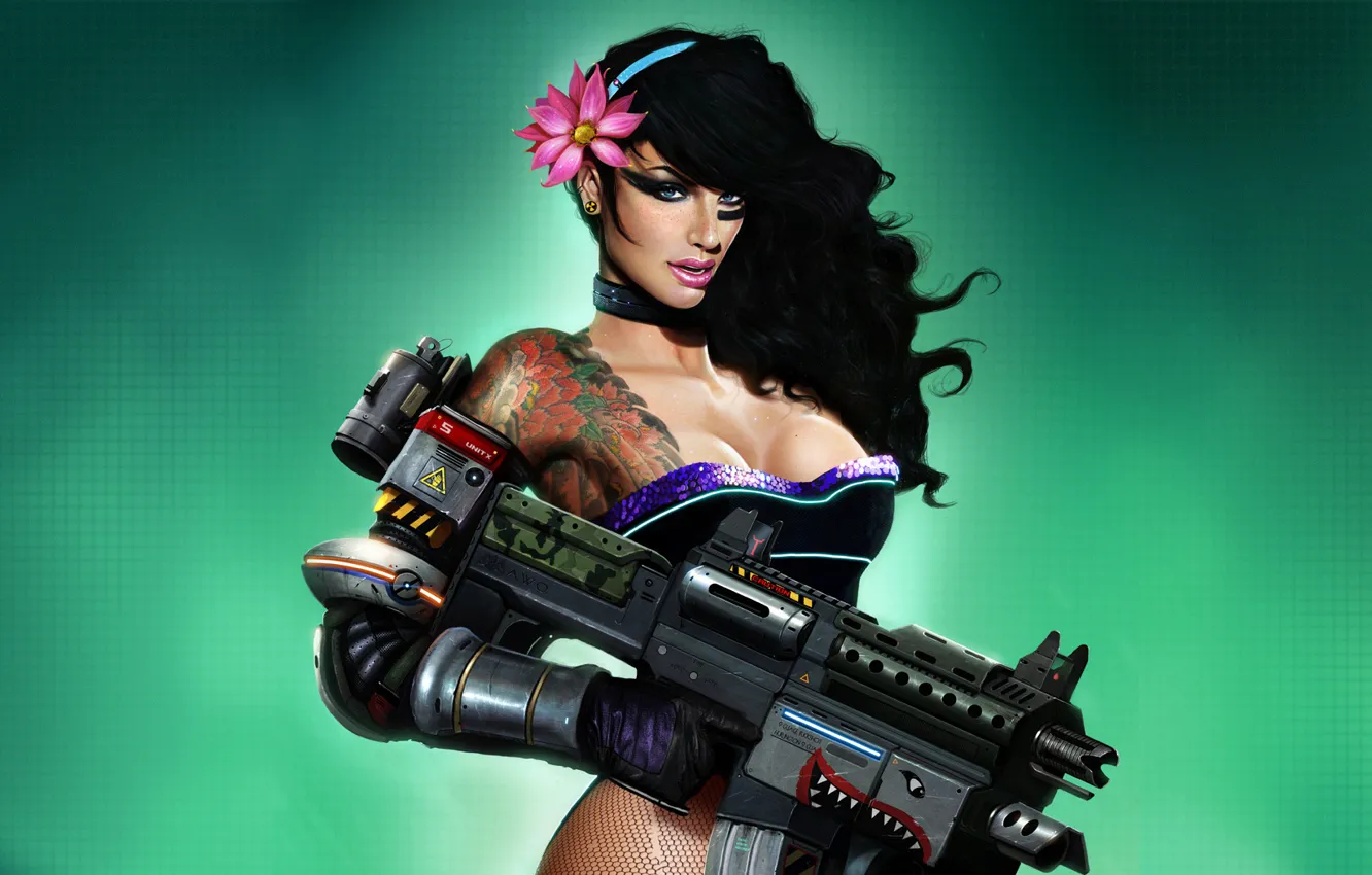 Фото обои девушка, оружие, графика, брюнетка, автомат, татуировка, корсет, иллюстрация