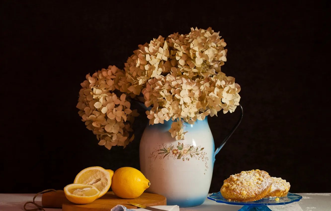 Фото обои цветы, лимон, букет, натюрморт, гортензия
