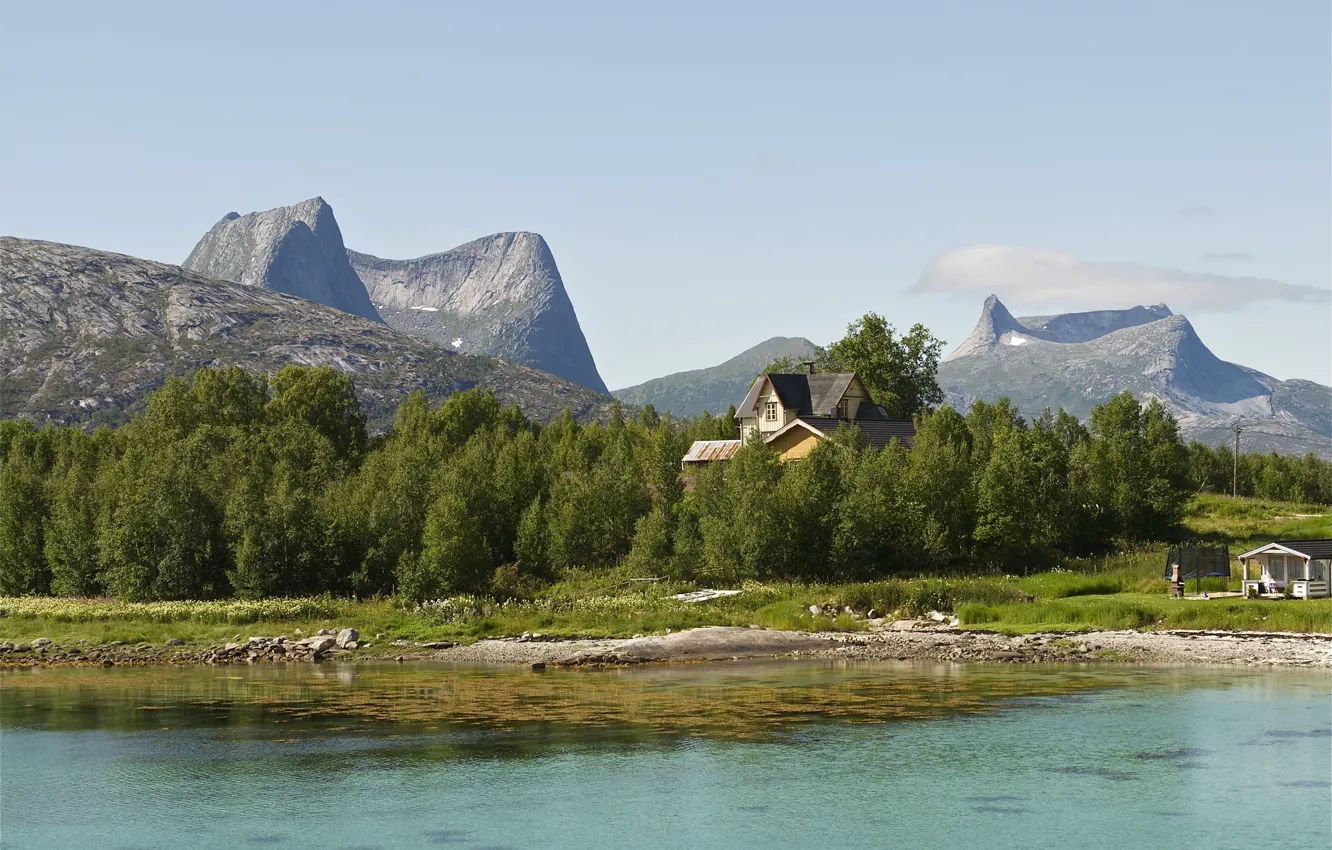 Фото обои деревья, пейзаж, горы, природа, озеро, дома, Норвегия, Narvik