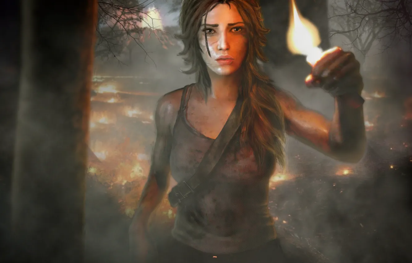 Фото обои лес, девушка, пожар, Tomb Raider, Расхитительница гробниц