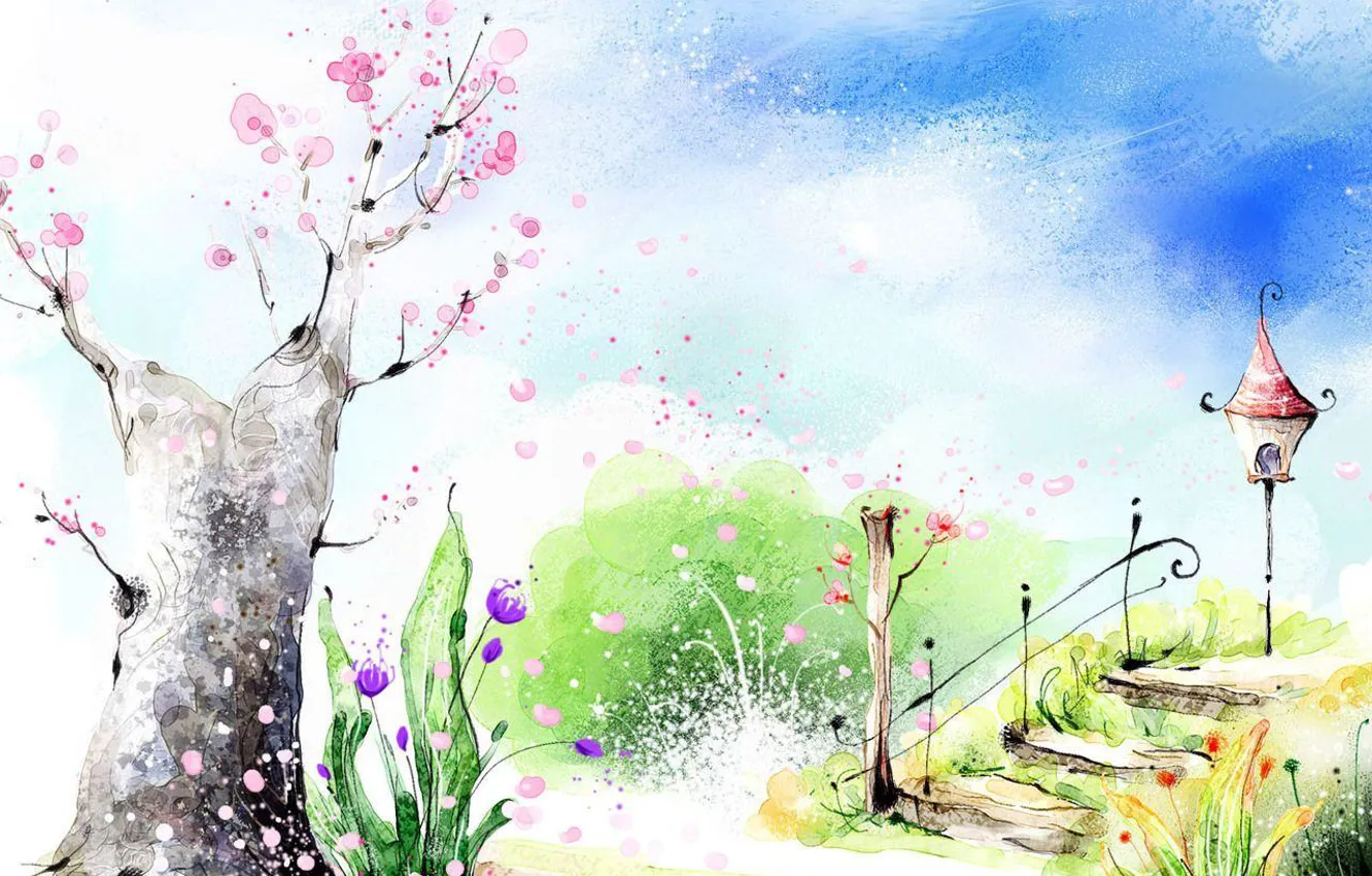 Фото обои цветы, парк, весна, лестница, фонарь