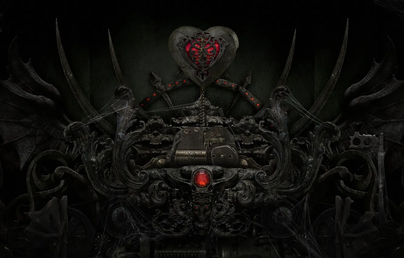 Фото обои кристалл, металл, темный фон, красное, сердце, механизм, паутина, черное