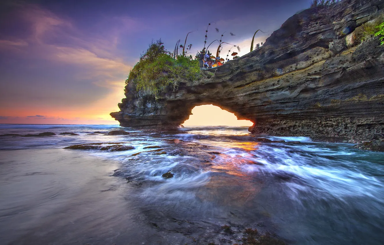 Фото обои волны, закат, скала, океан, арка