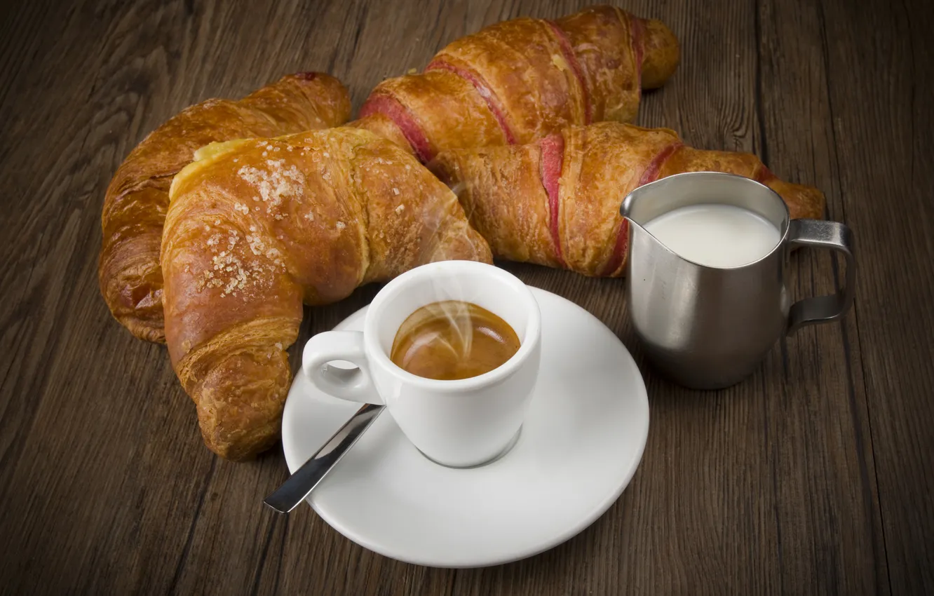 Фото обои кофе, завтрак, молоко, coffee, круассаны, milk, Breakfast, croissants